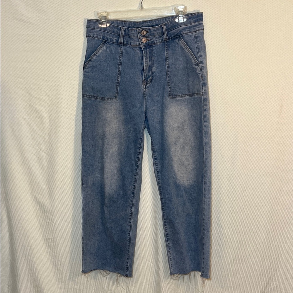 ALLIMY Light Wash High Waisted Wide Leg Jeans Raw Hem Women’s Stretch Size 12